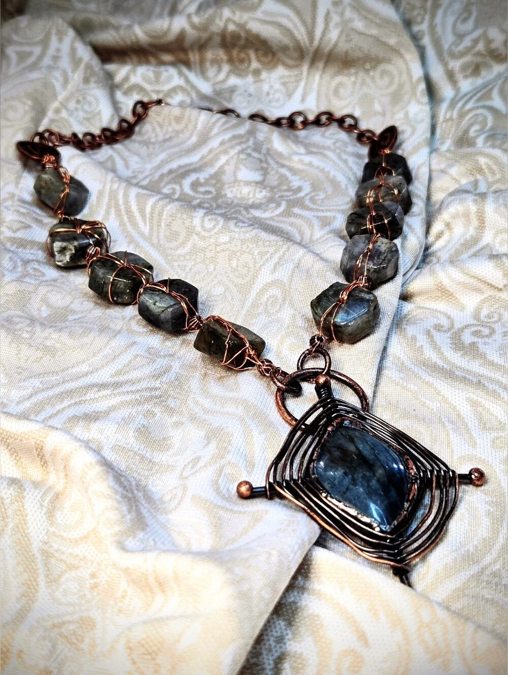 Handmade Natural Wheel Labradorite & Pendant Wire Wrapped Artisan Made Necklace